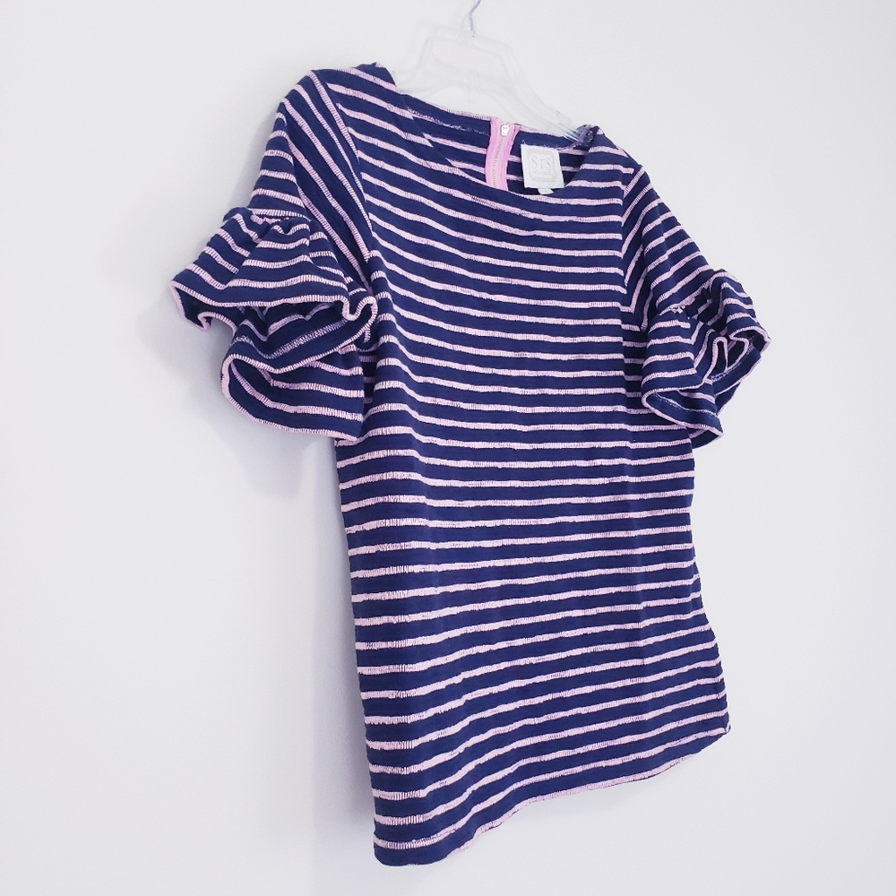 Sail to Sable Navy Blue Pink Stripe Ruffle Sleeve French Terry Blouse Medium - Picture 10 of 12
